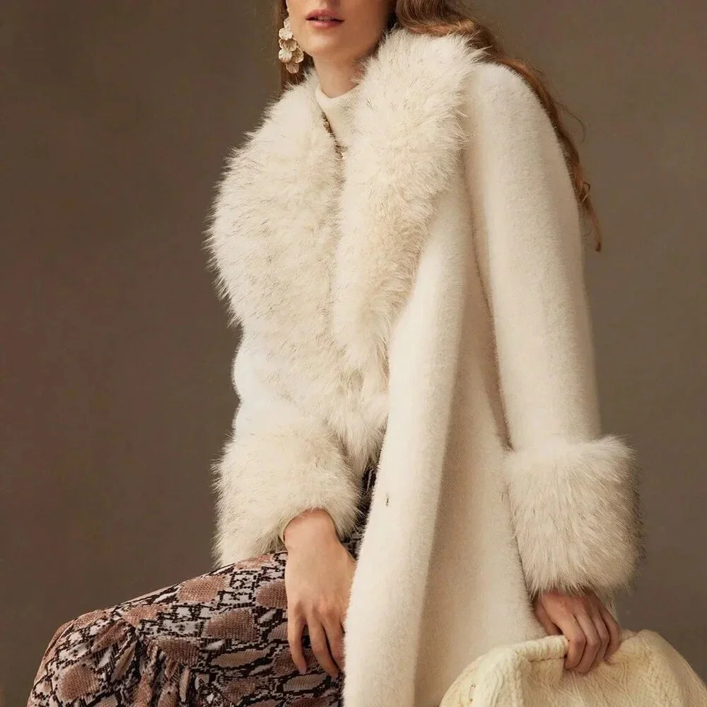 White Casual Women's Faux Fur Panel Waterfall Collar Belted Coat - Picture 9 of 9
